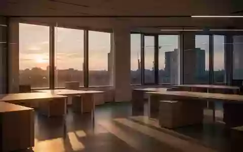 Ein leeres, modernes Büro bei Dämmerlicht mit einfallendem Sonnenlicht auf schlichten Holztischen. - Foto: über boerse-global.de