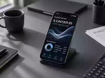 Modernes Büro-Schreibtisch-Setup mit einem Smartphone, das ein abstraktes digitales Wellenmuster anzeigt. - Foto: über boerse-global.de