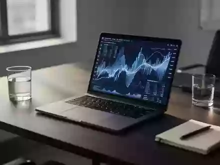 Ein minimalistischer Arbeitsplatz mit einem Laptop, auf dem abstrakte Finanzdaten in einer professionellen Büroumgebung zu sehen sind. - Foto: über boerse-global.de