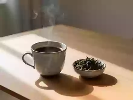 Eine Tasse schwarzer Kaffee und Teeblätter auf einem schlichten Holztisch bei natürlichem Tageslicht. - Foto: über boerse-global.de