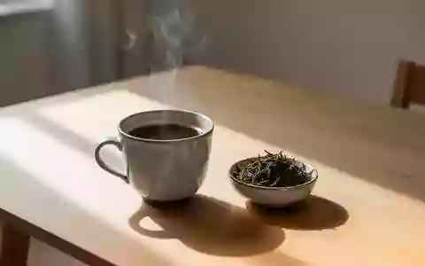 Eine Tasse schwarzer Kaffee und Teeblätter auf einem schlichten Holztisch bei natürlichem Tageslicht. - Foto: über boerse-global.de