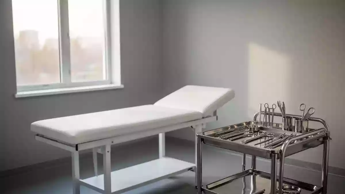Ein heller, minimalistischer Behandlungsraum in einer Arztpraxis mit einem sterilen Instrumententisch. Illustration mit AI erstellt.