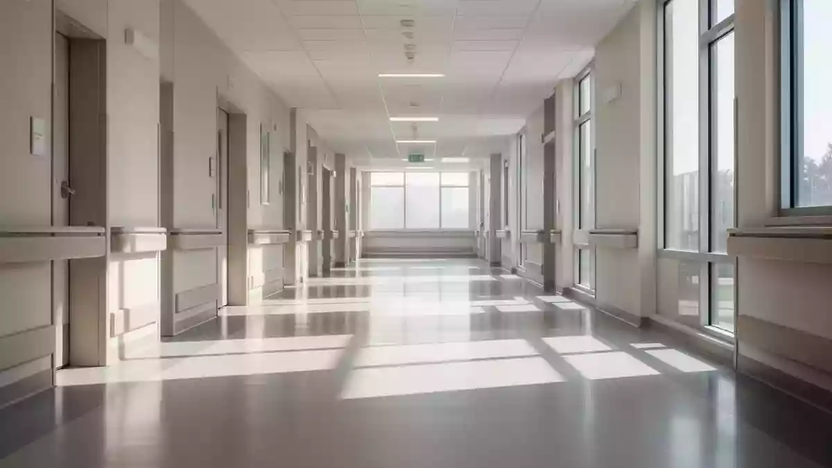 Ein heller, moderner Krankenhausflur mit einfallendem Tageslicht und klaren architektonischen Linien ohne Personen. Illustration mit AI erstellt.