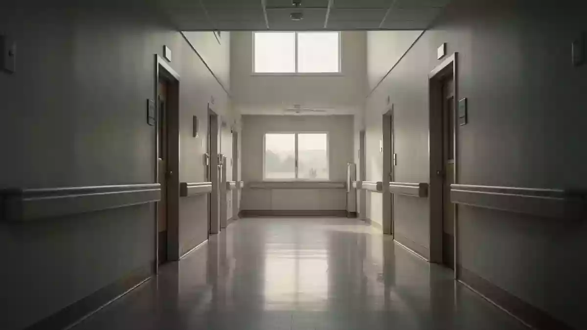 Ein leerer, steriler Krankenhausflur in einer ländlichen Region bei Tageslicht. Illustration mit AI erstellt.