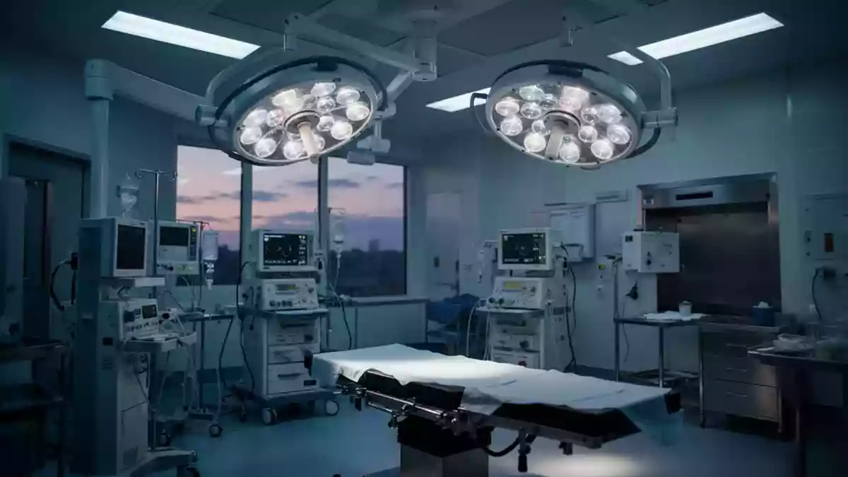 Ein moderner, steriler Operationssaal mit medizinischer Beleuchtung in kühlem Licht. Illustration mit AI erstellt.