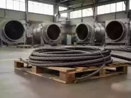 Nahaufnahme von Stahlseilen auf einer Holzpalette in einer Industriehalle mit Fokus auf Materialstruktur und Arbeitssicherheit - Foto: über boerse-global.de