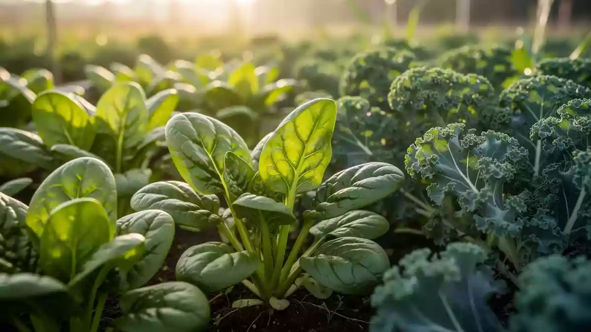 Frische grüne Blattgemüse in einem Garten bei Tageslicht, die eine gesunde Lebensweise symbolisieren. Illustration mit AI erstellt.
