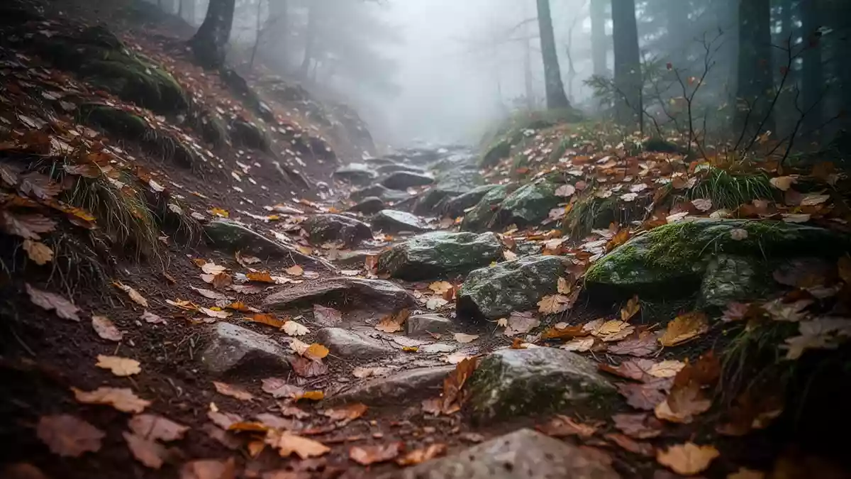 Ein steiler, herbstlicher Wanderweg mit felsigem Untergrund und herabgefallenem Laub in einem nebligen Wald. Illustration mit AI erstellt.