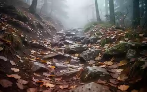 Ein steiler, herbstlicher Wanderweg mit felsigem Untergrund und herabgefallenem Laub in einem nebligen Wald. - Foto: über boerse-global.de