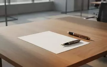 Ein leerer, aufgeräumter Schreibtisch mit einem Füllfederhalter und einem leeren Blatt Papier in einem modernen Büro. - Foto: über boerse-global.de