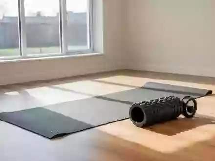 Ein minimalistischer Physiotherapieraum mit einer Yogamatte und einer Schaumstoffrolle auf einem hellen Holzboden. - Foto: über boerse-global.de