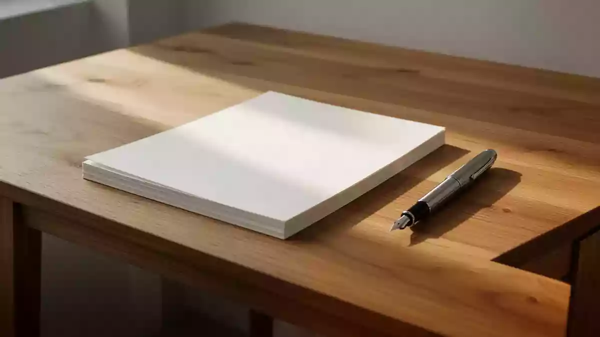 Ein minimalistischer Holzschreibtisch mit einem Stapel leerer Papierbögen und einem Füllfederhalter bei natürlichem Licht. Illustration mit AI erstellt.