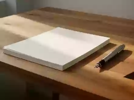 Ein minimalistischer Holzschreibtisch mit einem Stapel leerer Papierbögen und einem Füllfederhalter bei natürlichem Licht. - Foto: über boerse-global.de