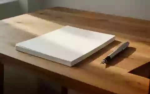 Ein minimalistischer Holzschreibtisch mit einem Stapel leerer Papierbögen und einem Füllfederhalter bei natürlichem Licht. - Foto: über boerse-global.de