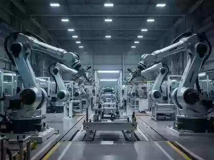 Eine moderne, weitläufige Industriehalle einer Automobilfertigung mit präzisen Robotersystemen und technischer Ausrüstung. - Foto: über boerse-global.de