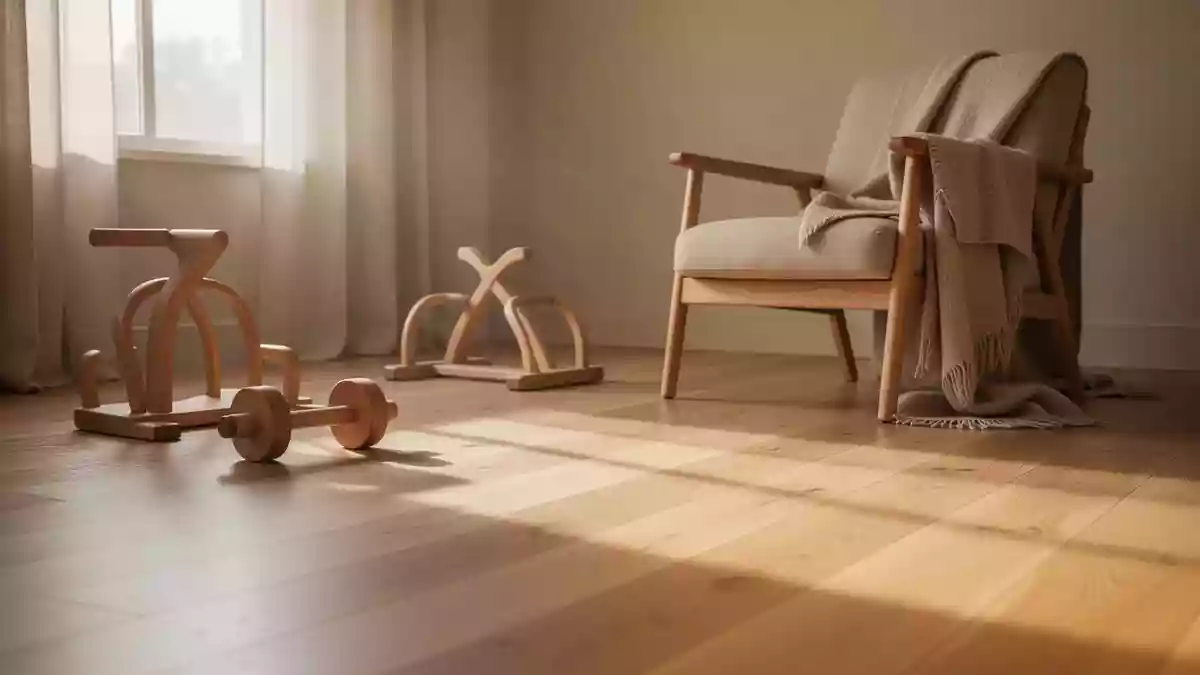 Ein heller, minimalistischer Raum mit Holzmöbeln und sanftem Tageslicht, der eine ruhige und unterstützende Atmosphäre vermittelt. Illustration mit AI erstellt.