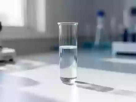 Ein steriles Reagenzglas mit einer klaren Flüssigkeit auf einem Labortisch, das den medizinischen Forschungskontext symbolisiert. - Foto: über boerse-global.de