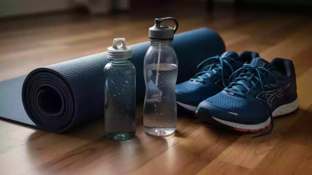 Symbolbild: Yogamatte, Trinkflasche und Laufschuhe Illustration mit AI erstellt.