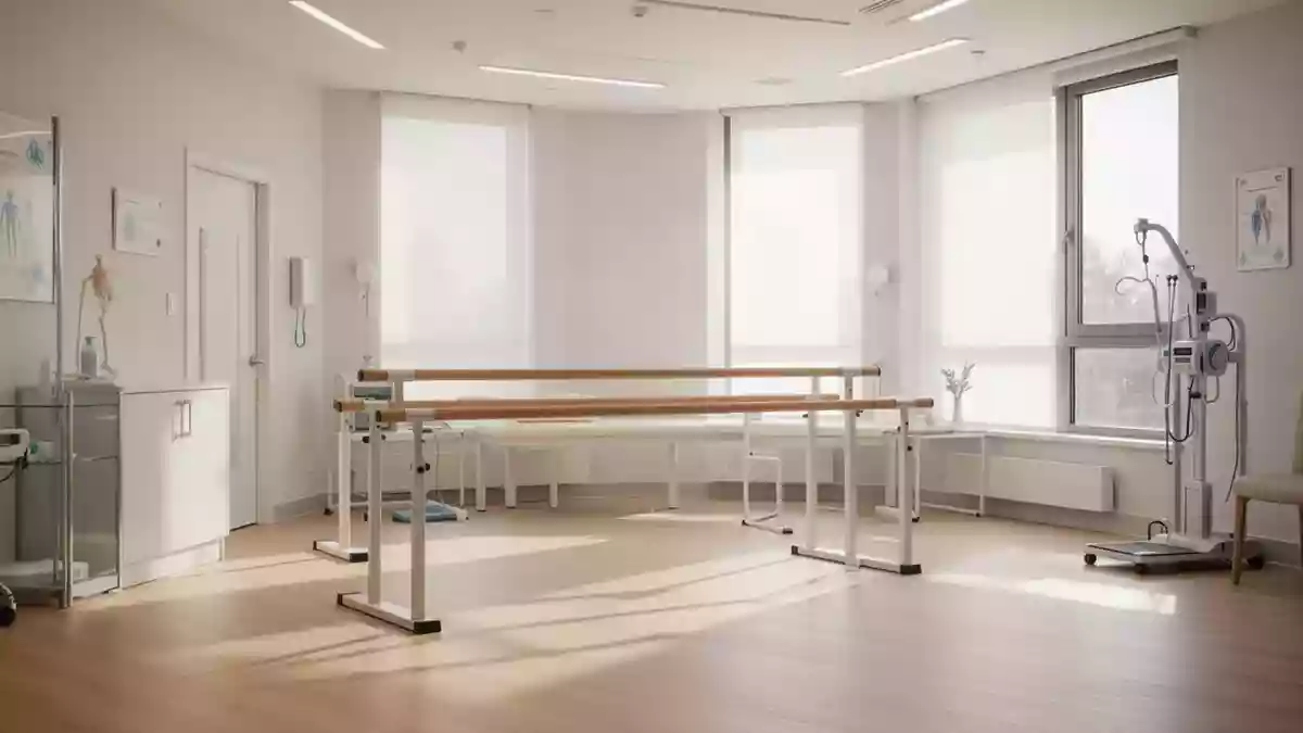 Ein heller, moderner Therapieraum mit hölzernem Boden und einer Barrenanlage für die physiotherapeutische Rehabilitation. Illustration mit AI erstellt.