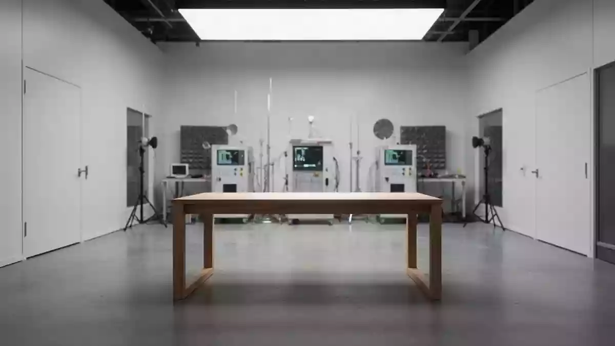 Ein minimalistischer, leerer Arbeitstisch in einem modernen Elektronik-Labor mit unscharfen Messgeräten im Hintergrund. Illustration mit AI erstellt.