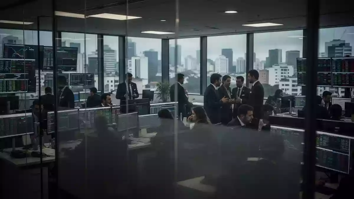Börsenparkett in São Paulo mit nachdenklichen Händlern vor einem Fenster mit Blick auf die Stadt. Illustration mit AI erstellt.