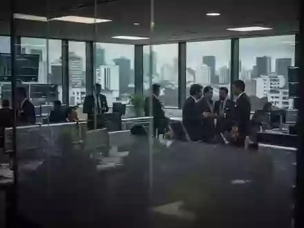 Börsenparkett in São Paulo mit nachdenklichen Händlern vor einem Fenster mit Blick auf die Stadt. - Foto: über boerse-global.de