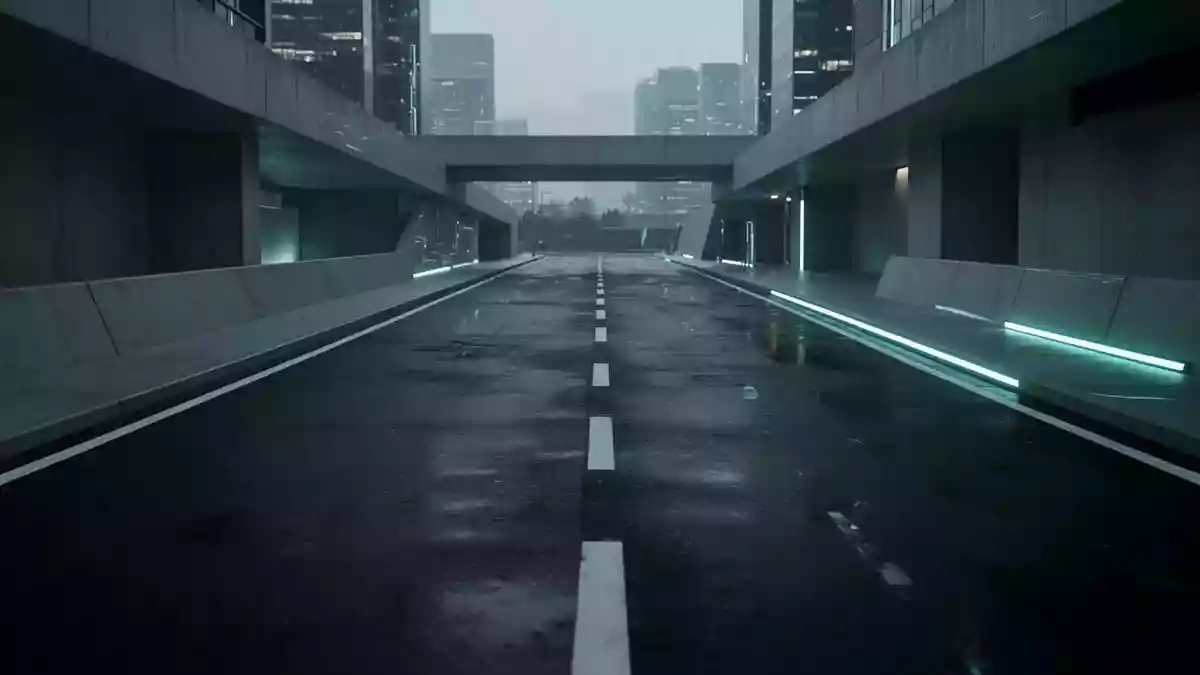 Eine leere, moderne Stadtstraße bei Dämmerung mit einem dezenten cyanfarbenen Lichtschimmer auf dem Asphalt. Illustration mit AI erstellt.