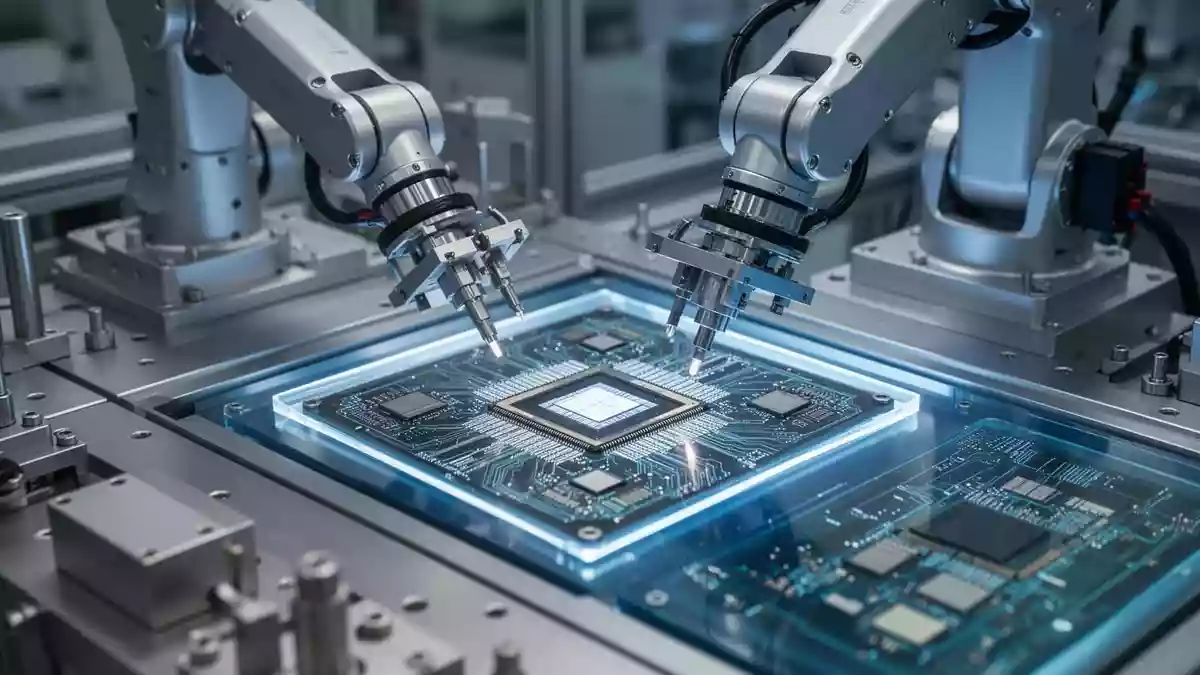 Präzisionsfertigung von Mikrochips in einer modernen Industrieanlage mit Roboterarmen. Illustration mit AI erstellt.
