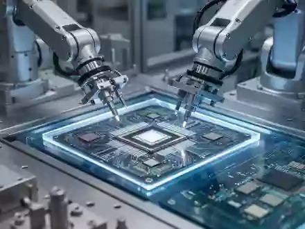 Präzisionsfertigung von Mikrochips in einer modernen Industrieanlage mit Roboterarmen. - Foto: über boerse-global.de