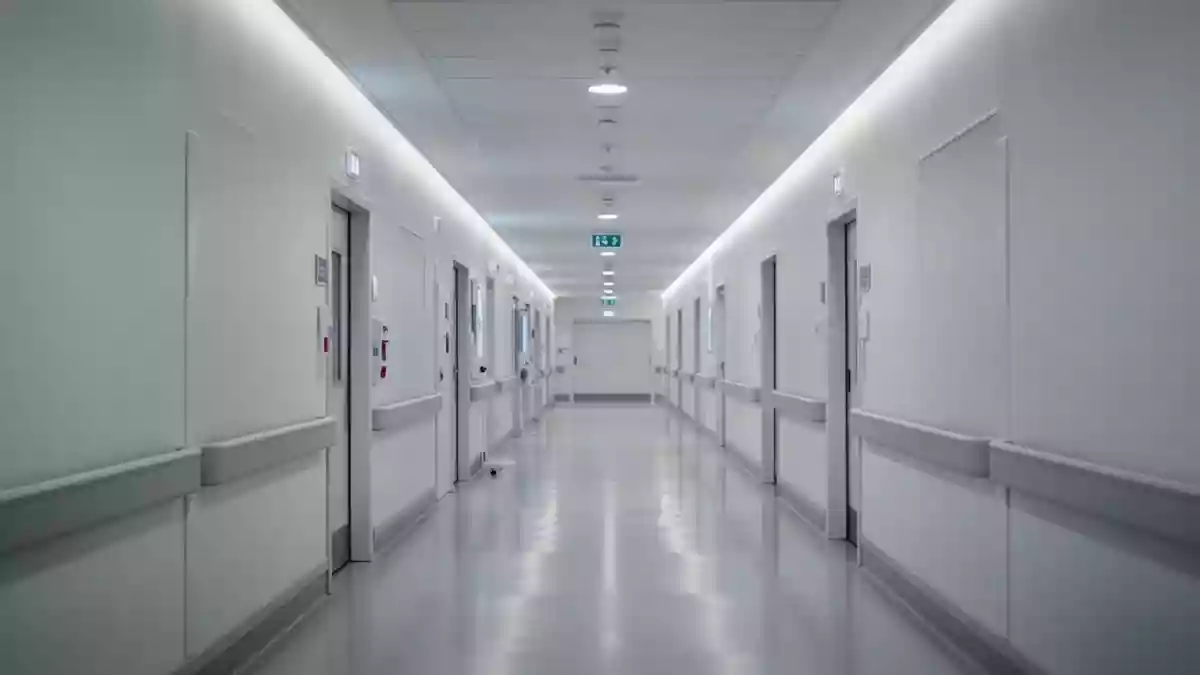 Ein leerer, modern gestalteter Krankenhausflur mit hellen Wänden und indirekter Beleuchtung. Illustration mit AI erstellt.