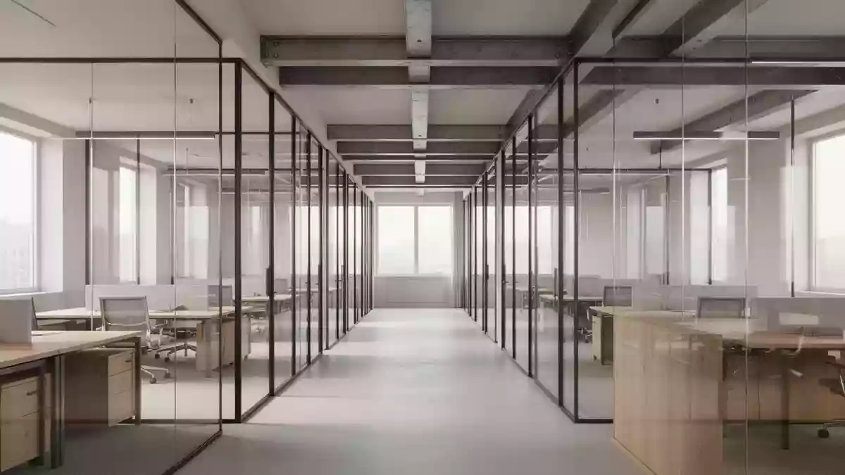 Moderne, leere Büroarchitektur mit offenen Arbeitsbereichen und Glasfronten in einer hellen, professionellen Umgebung. Illustration mit AI erstellt.