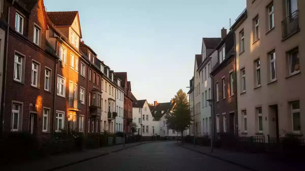Eine ruhige Wohnstraße mit mehrstöckigen Wohngebäuden in einer deutschen Stadt bei spätem Nachmittagslicht. Illustration mit AI erstellt.