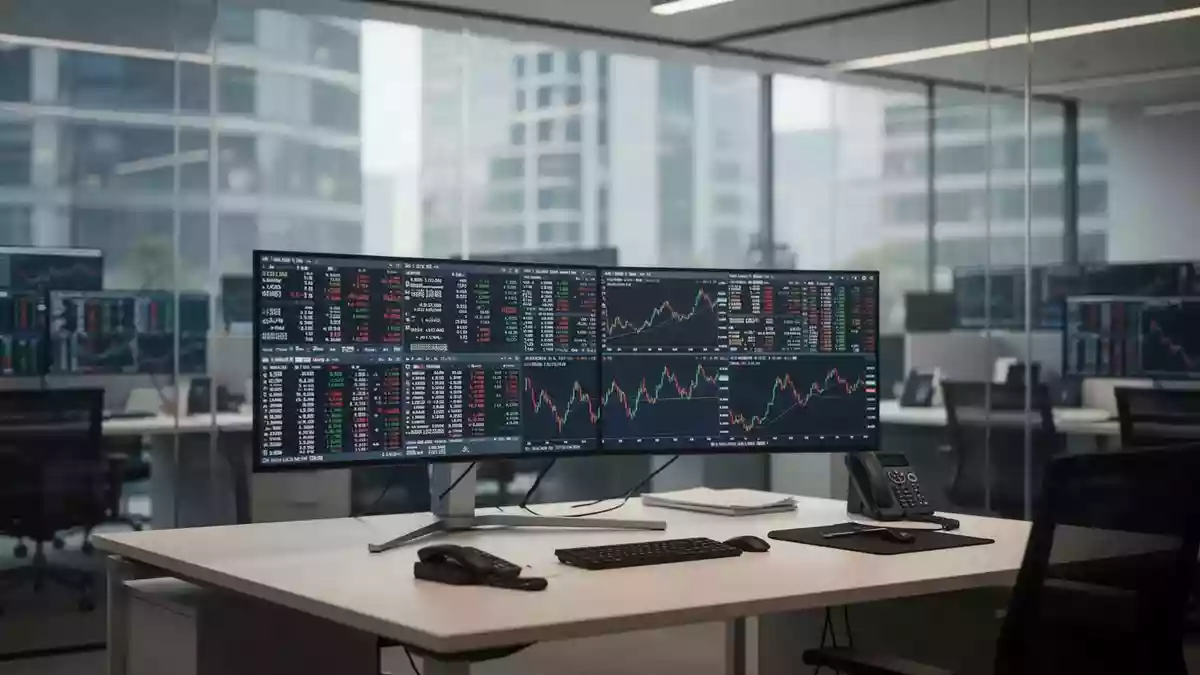 Börsenumfeld mit moderner Büroarchitektur und professioneller Finanzatmosphäre. Illustration mit AI erstellt.