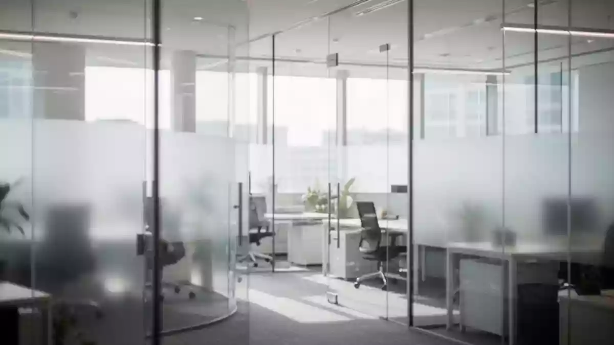 Modernes Bürointerieur mit Glaswänden und hellem Tageslicht in einer professionellen Geschäftsumgebung. Illustration mit AI erstellt.