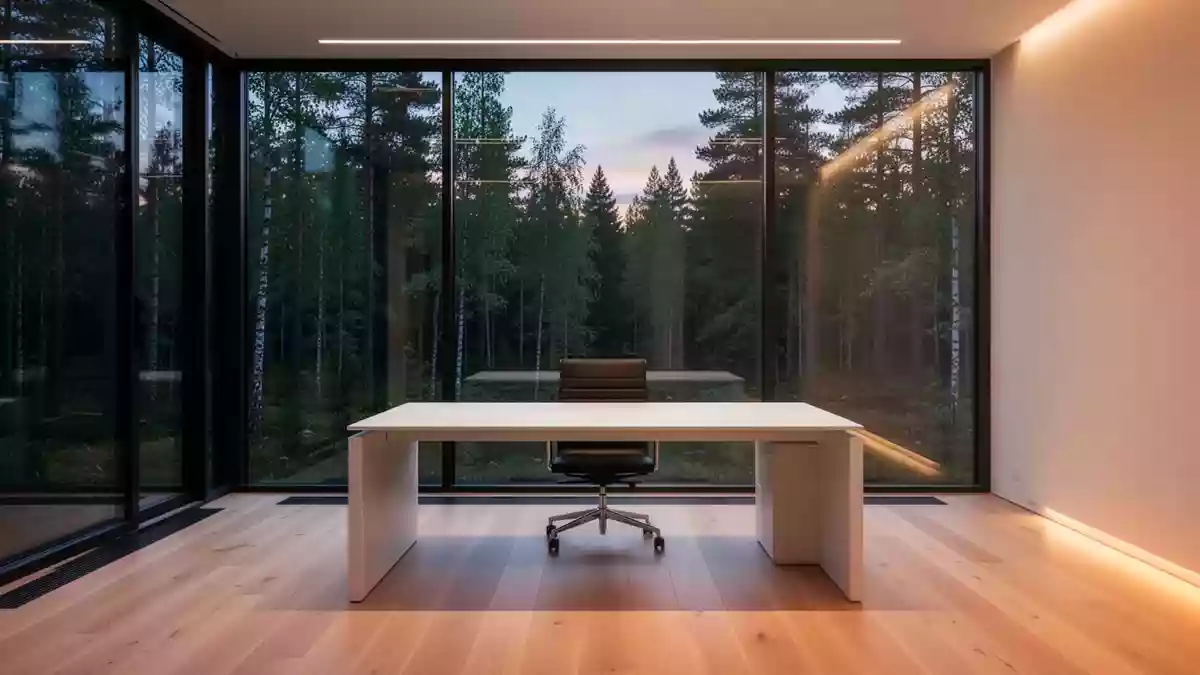 Ein minimalistisch gestalteter, moderner Arbeitsplatz mit Blick auf einen skandinavischen Wald bei Dämmerung. Illustration mit AI erstellt.