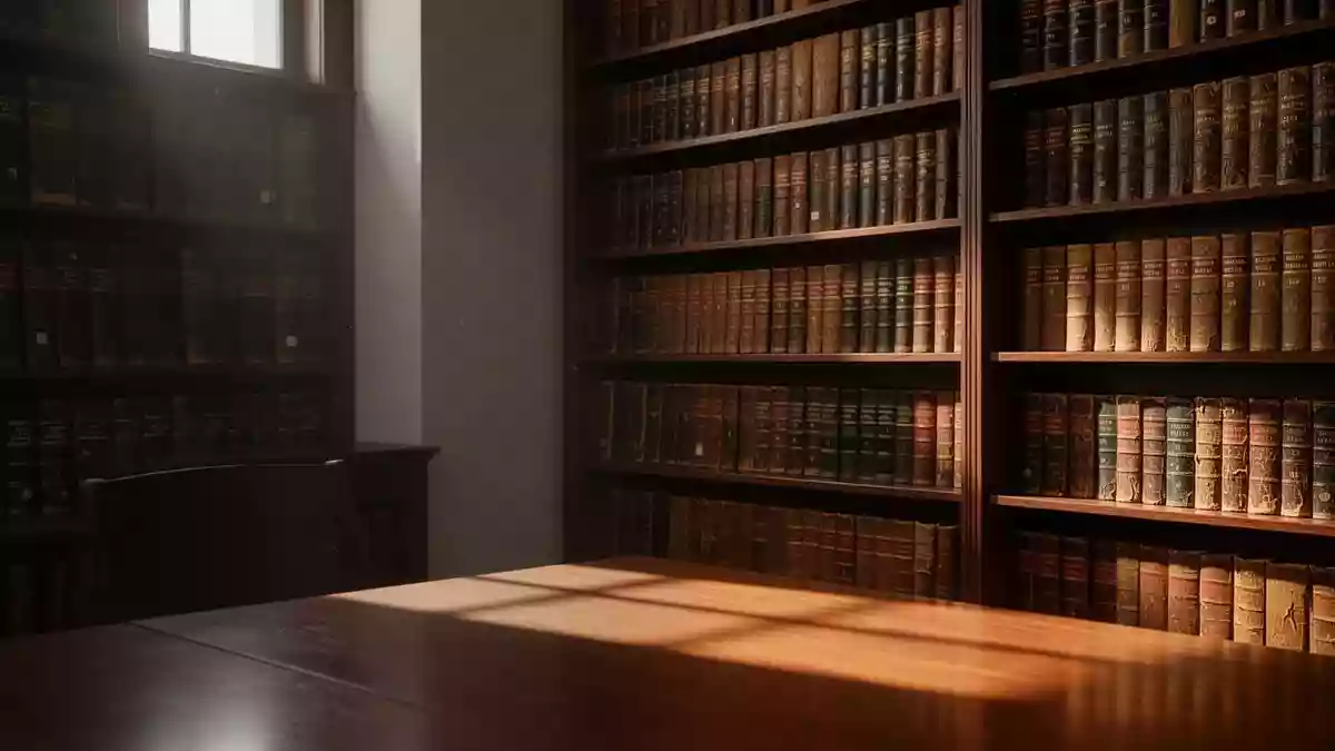 Ein minimalistischer, sonnendurchfluteter Bereich einer ruhigen Anwaltsbibliothek mit dunklen Bücherregalen voller Fachliteratur. Illustration mit AI erstellt.