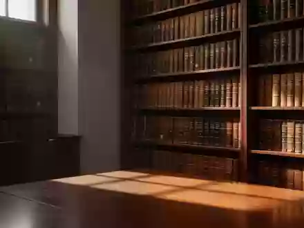 Ein minimalistischer, sonnendurchfluteter Bereich einer ruhigen Anwaltsbibliothek mit dunklen Bücherregalen voller Fachliteratur. - Foto: über boerse-global.de