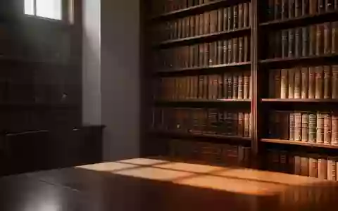 Ein minimalistischer, sonnendurchfluteter Bereich einer ruhigen Anwaltsbibliothek mit dunklen Bücherregalen voller Fachliteratur. - Foto: über boerse-global.de