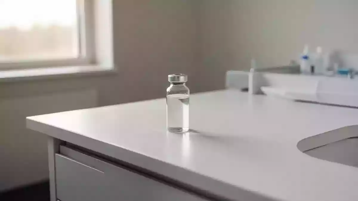 Ein minimalistischer, heller medizinischer Untersuchungsraum mit einem einzelnen Glasfläschchen auf einer sauberen Oberfläche. Illustration mit AI erstellt.