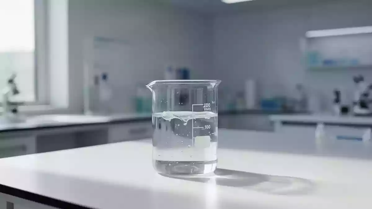 Ein Glasbecher mit einer klaren Flüssigkeit auf einem sterilen Labortisch in einer modernen Forschungseinrichtung. Illustration mit AI erstellt.