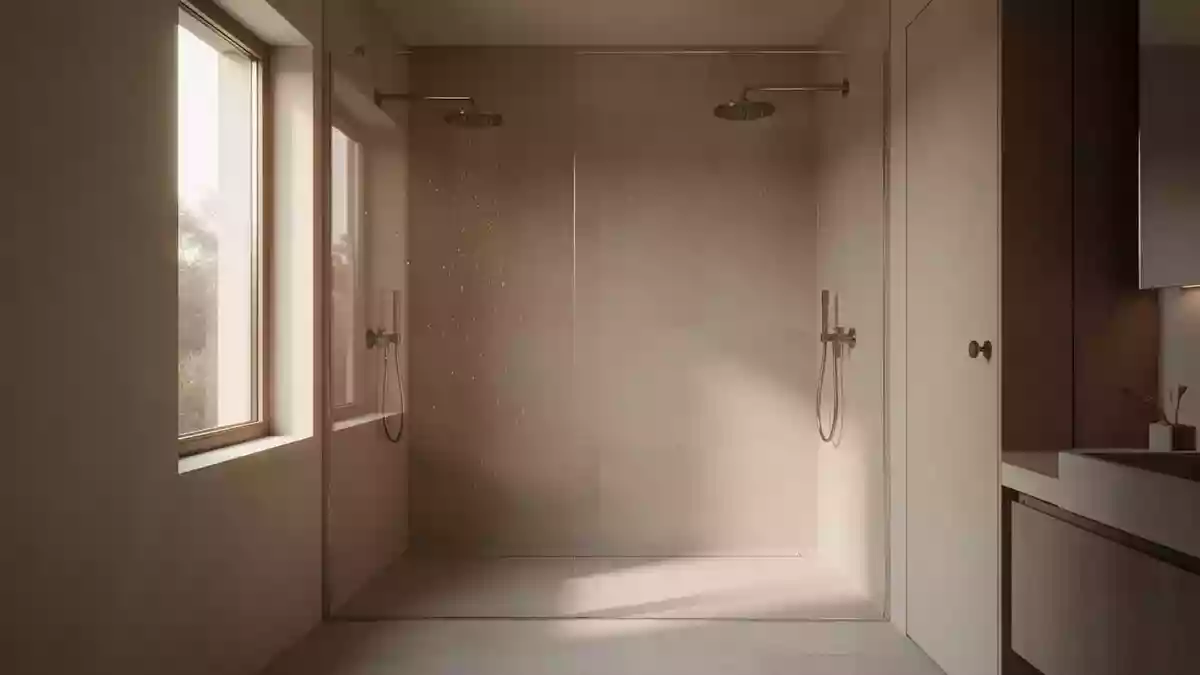 Ein helles, minimalistisches Badezimmer mit einer leeren, bodengleichen Dusche in weichem Tageslicht. Illustration mit AI erstellt.