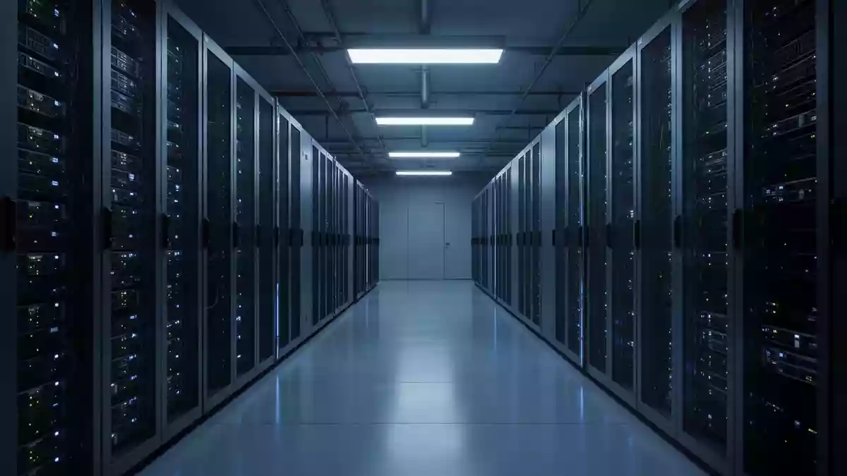Ein moderner, dunkel beleuchteter Serverraum mit langen Reihen von Serverschränken in einer industriellen Umgebung. Illustration mit AI erstellt.