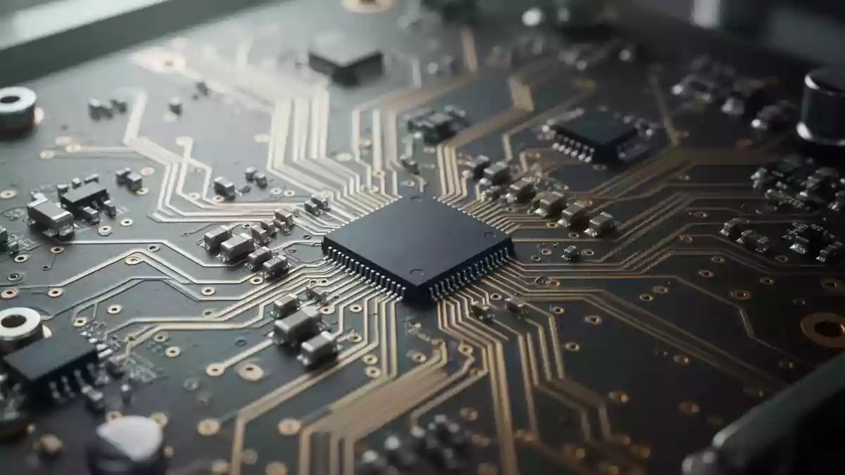 Nahaufnahme einer unbestückten Computer-Hauptplatine mit Leiterbahnen und einem zentralen Siliziumchip in einer Laborumgebung. Illustration mit AI erstellt.