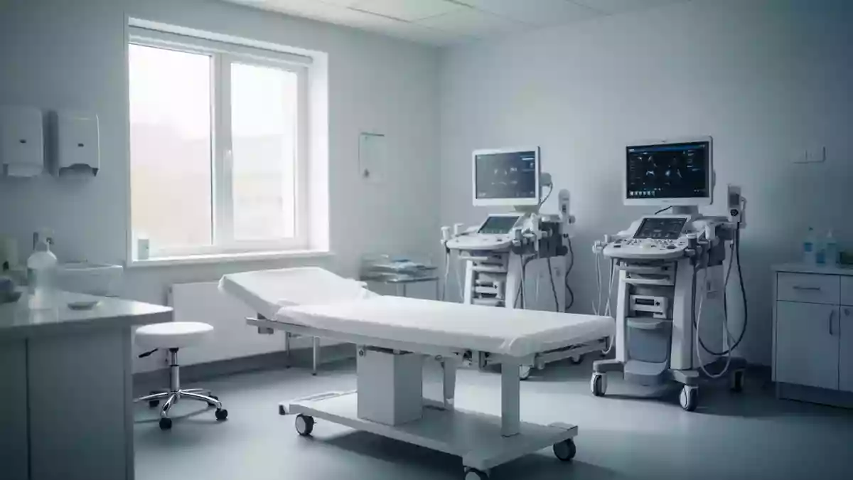 Ein steriler klinischer Untersuchungsraum mit medizinischer Ausstattung in einer professionellen Umgebung. Illustration mit AI erstellt.