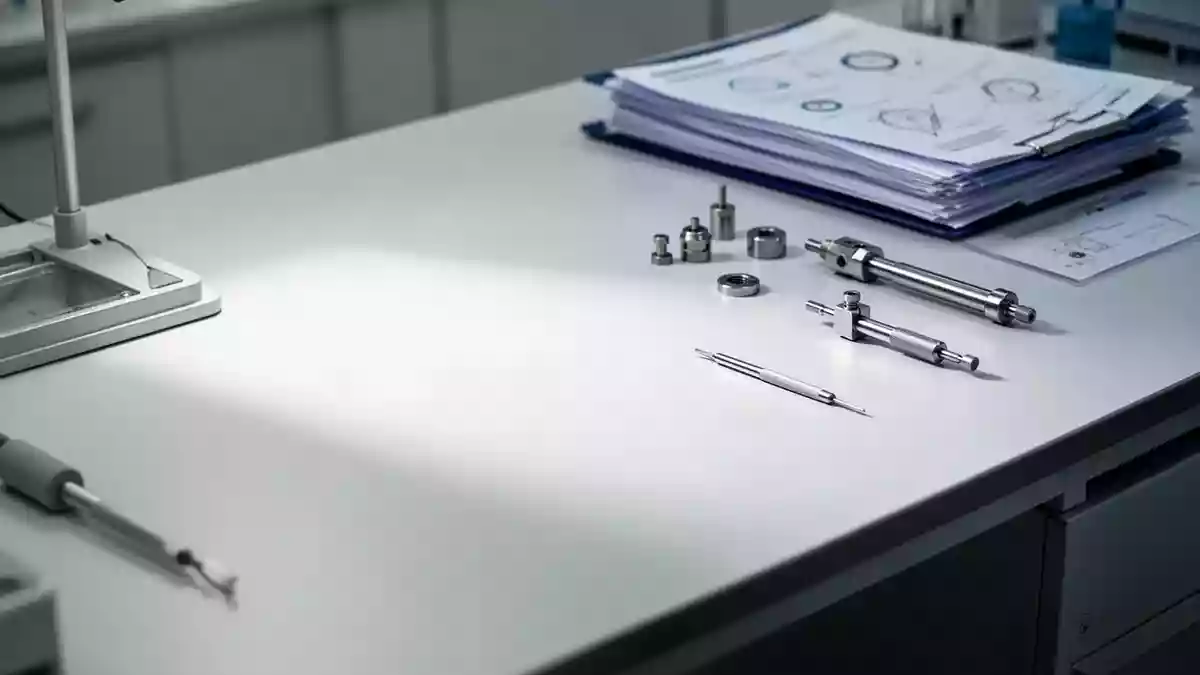 Ein minimalistischer, sauberer Arbeitsplatz in einem medizinischen Labor mit präzisen Werkzeugen und technischer Dokumentation. Illustration mit AI erstellt.