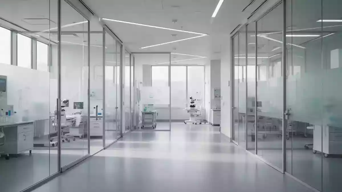 Ein moderner, heller und minimalistischer medizinischer Forschungsraum mit klaren architektonischen Linien. Illustration mit AI erstellt.