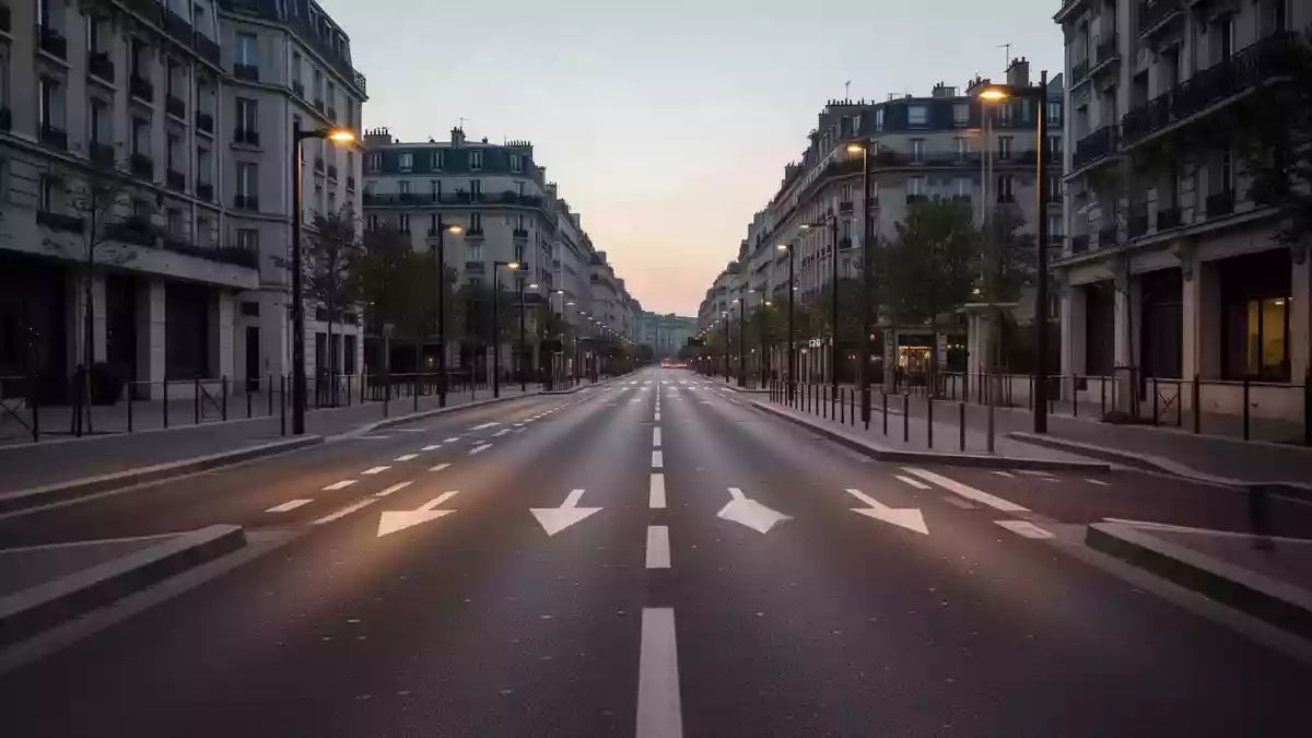 Eine leere, moderne Asphaltstraße in einem französischen Stadtviertel bei Dämmerung ohne Fahrzeuge oder Personen. Illustration mit AI erstellt.