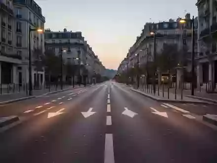Eine leere, moderne Asphaltstraße in einem französischen Stadtviertel bei Dämmerung ohne Fahrzeuge oder Personen. - Foto: über boerse-global.de