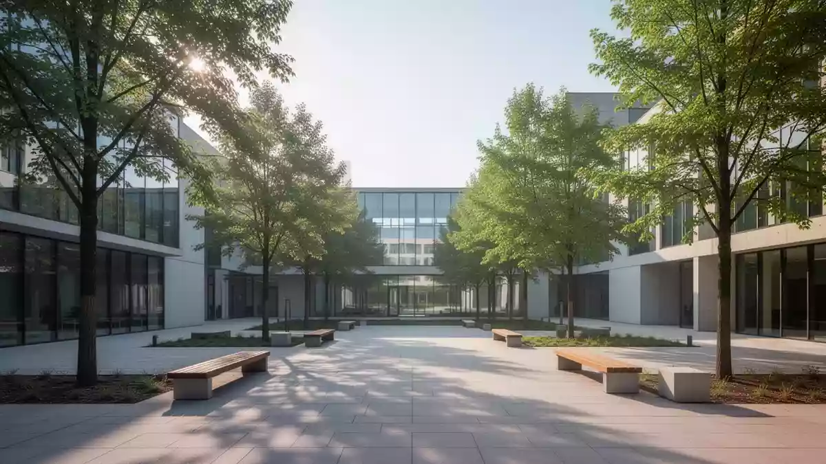 Moderner, heller Hochschulcampus mit minimalistischer Architektur und begrüntem Innenhof bei Tageslicht. Illustration mit AI erstellt.