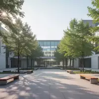 Moderner, heller Hochschulcampus mit minimalistischer Architektur und begrüntem Innenhof bei Tageslicht. - Foto: über boerse-global.de